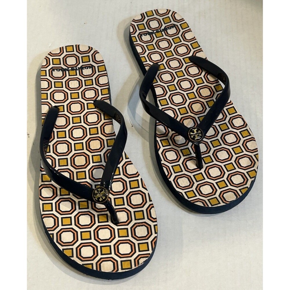 Tory Burch Flip Flops Slippers Womens Size 7.5-8 Geometric Pattern Slip On